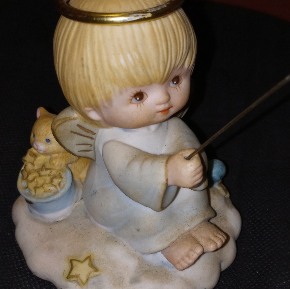 Vintage baby Angel Fishing, ceramic needle holder